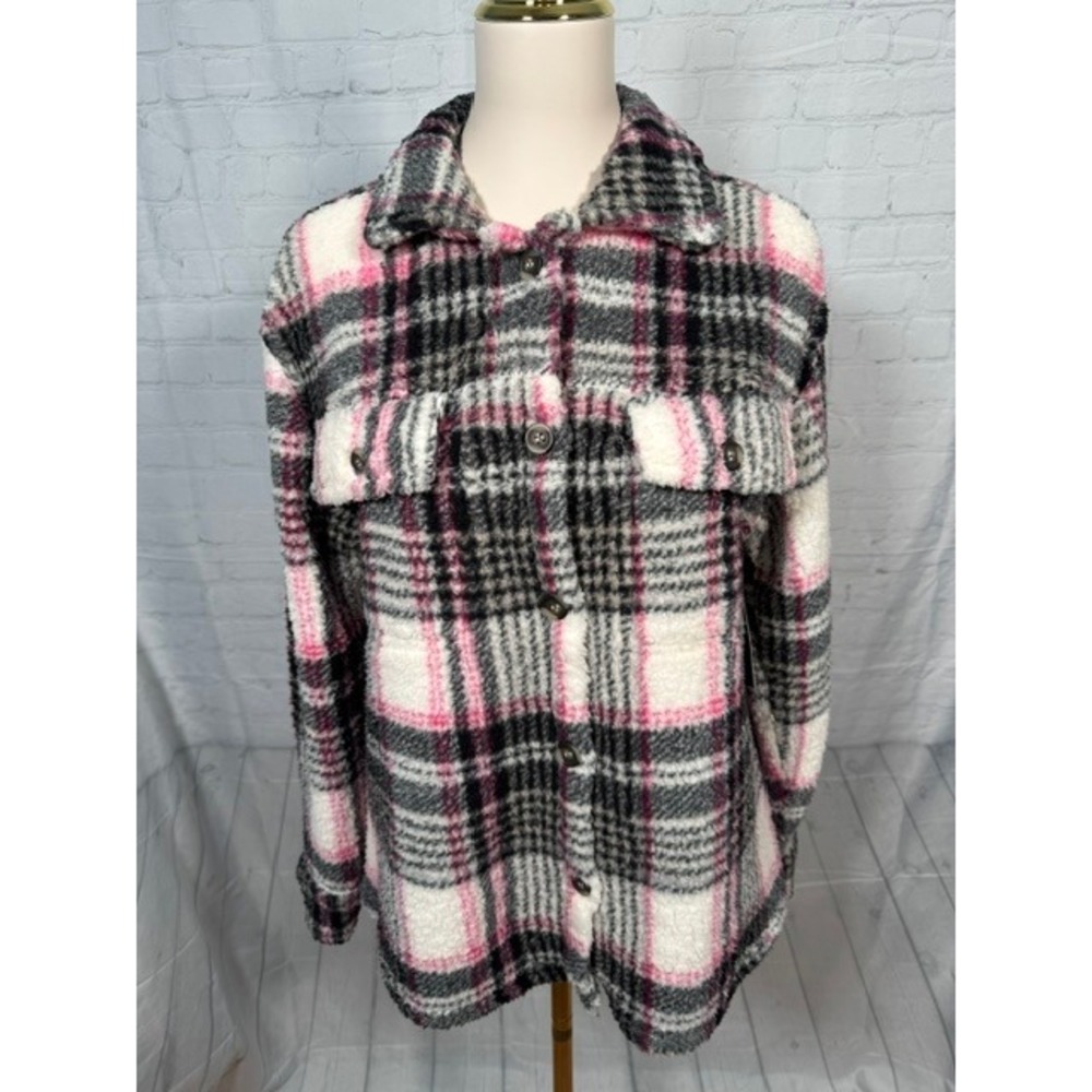 NWT NY Laundry Plaid Fleece Shacket Women's S Pink Gray Oversized